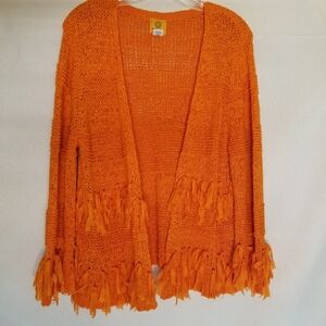 Ruby Rd. Orange Fringe Cardigan Size L Long Sleeve Knit  Boho